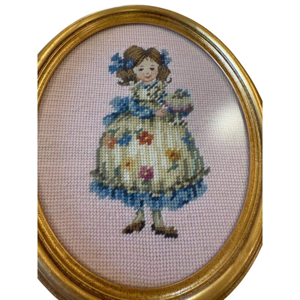 Vintage Oval Gold Framed Needlepoint Art Pair Victorian Girls Marjane Davant - Picture 3 of 7